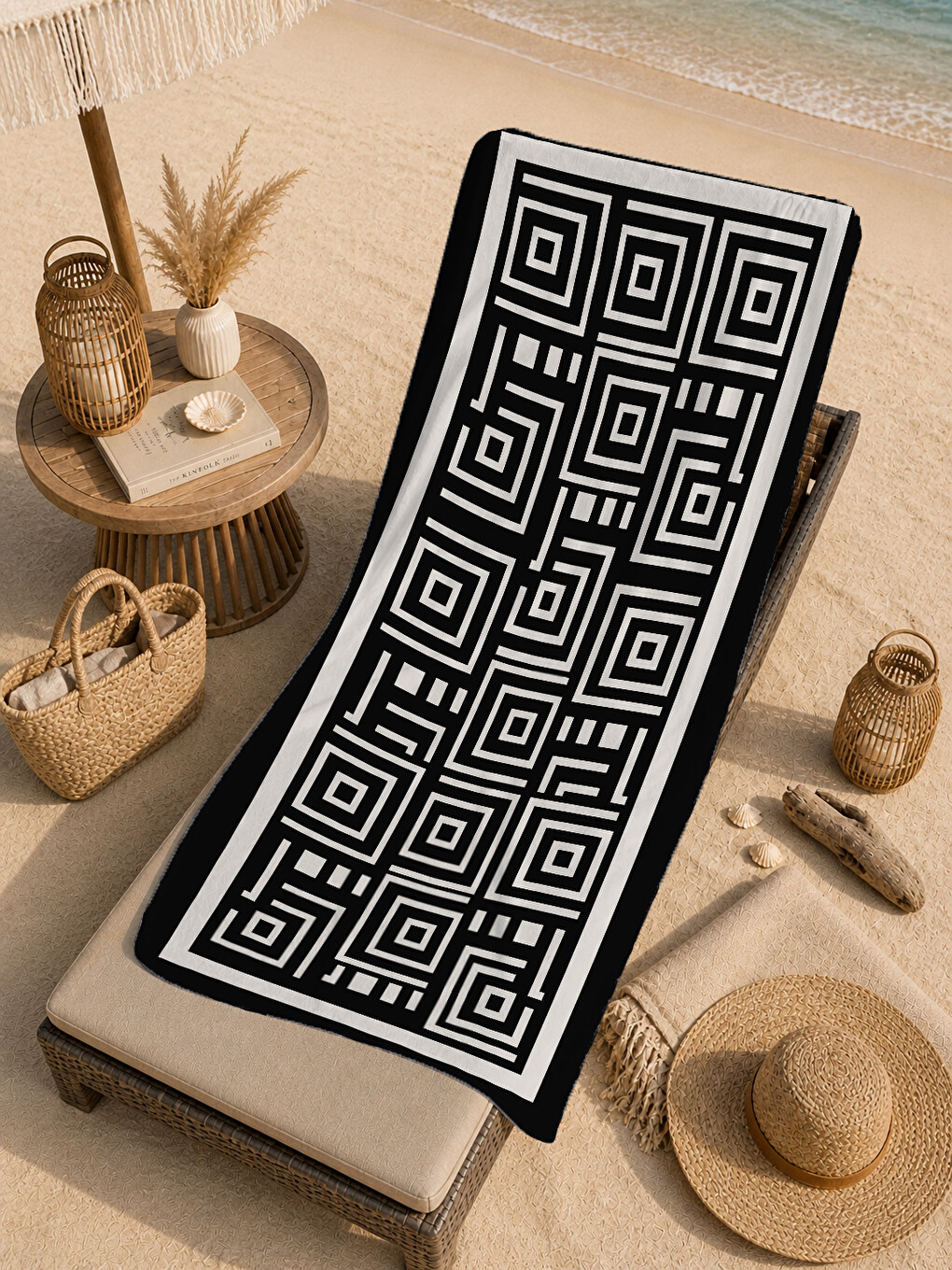 Siyah Beyaz Labirent Geometrik Desenli 70x150 Cm Dijital Baskılı Plaj Ve Banyo Havlusu-4