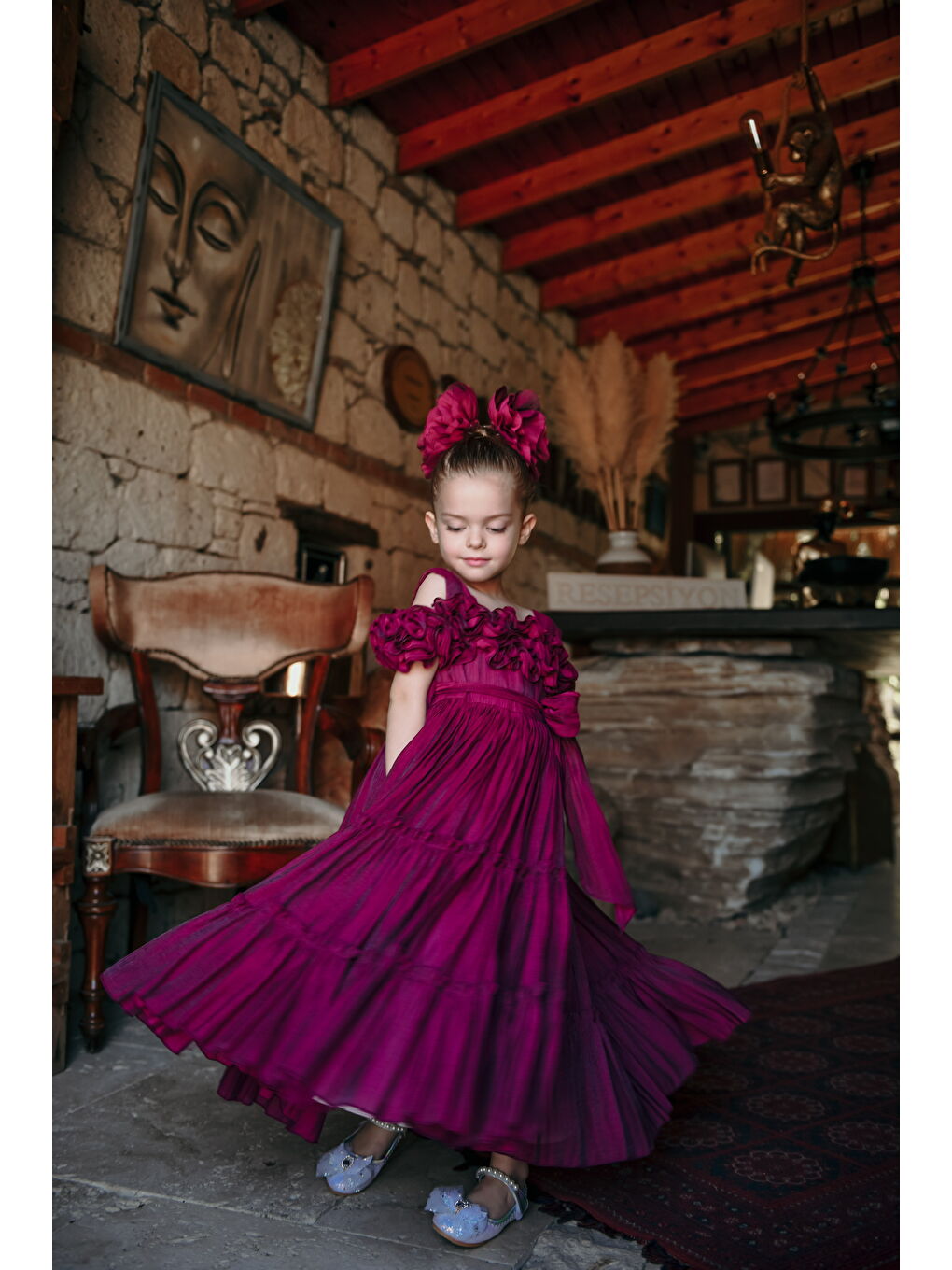 Fuşya Kız Çocuk Özel Abiye Elbise   Fırfırlı  Özel Tasarım   Taç Aksesuarlı Abiye Elbise_2463-2