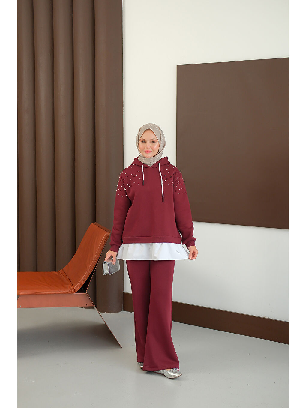 Kadın Omuzları Boncuk Detay İkili Takım Bordo-1