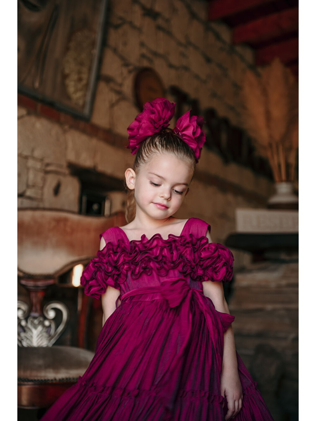 Fuşya Kız Çocuk Özel Abiye Elbise   Fırfırlı  Özel Tasarım   Taç Aksesuarlı Abiye Elbise_2463-3