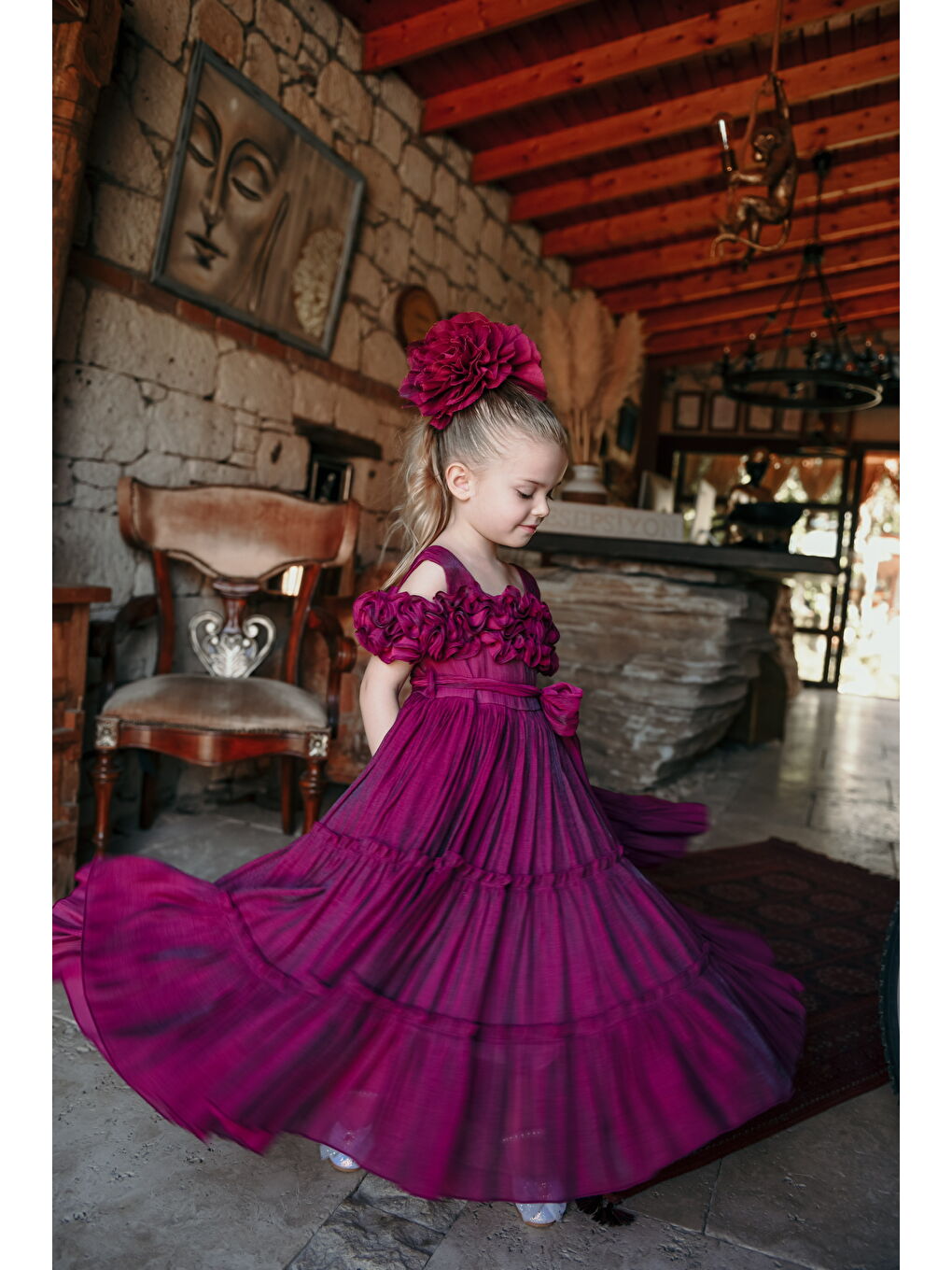 Fuşya Kız Çocuk Özel Abiye Elbise   Fırfırlı  Özel Tasarım   Taç Aksesuarlı Abiye Elbise_2463-4