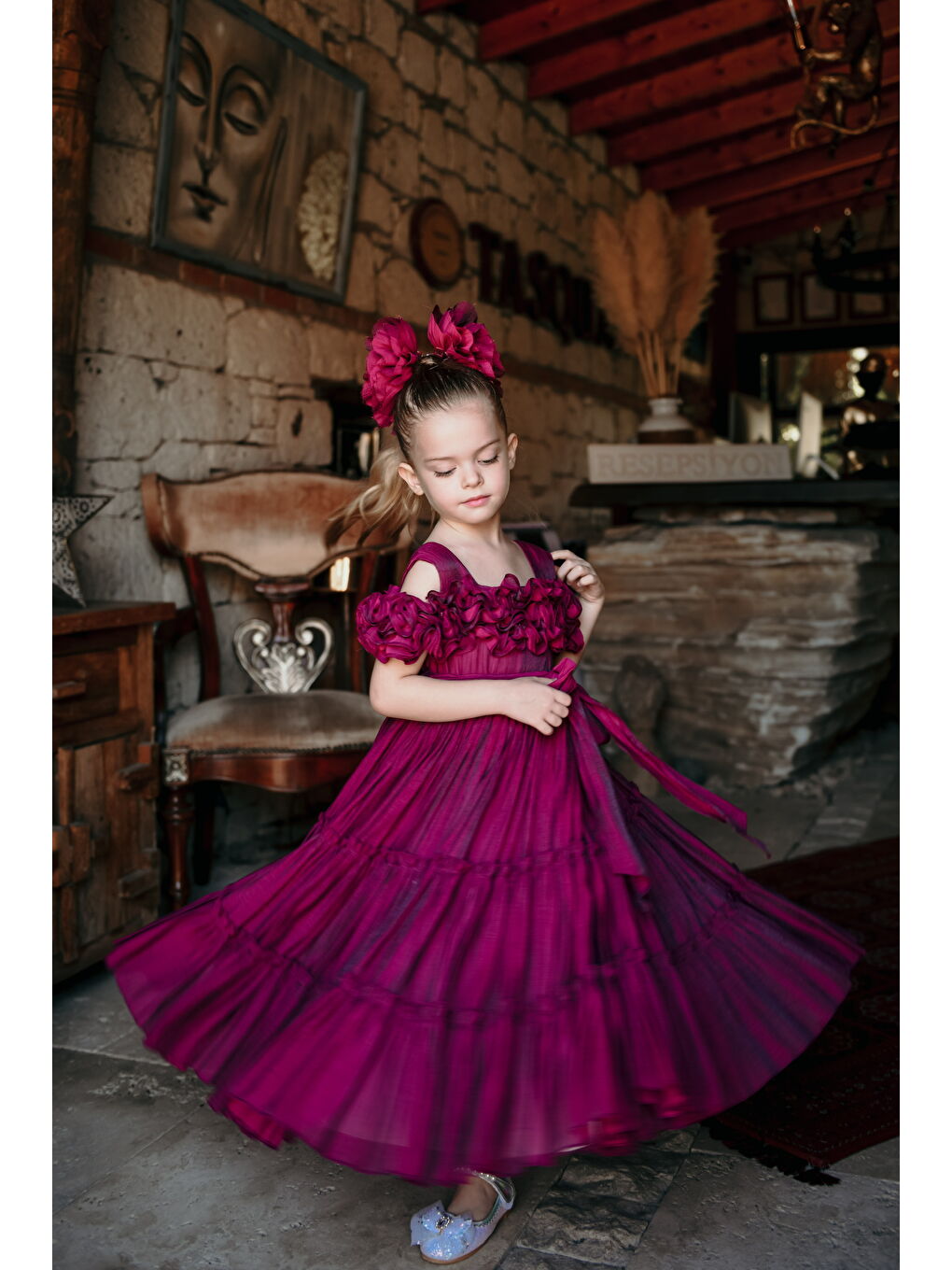 Fuşya Kız Çocuk Özel Abiye Elbise   Fırfırlı  Özel Tasarım   Taç Aksesuarlı Abiye Elbise_2463-6