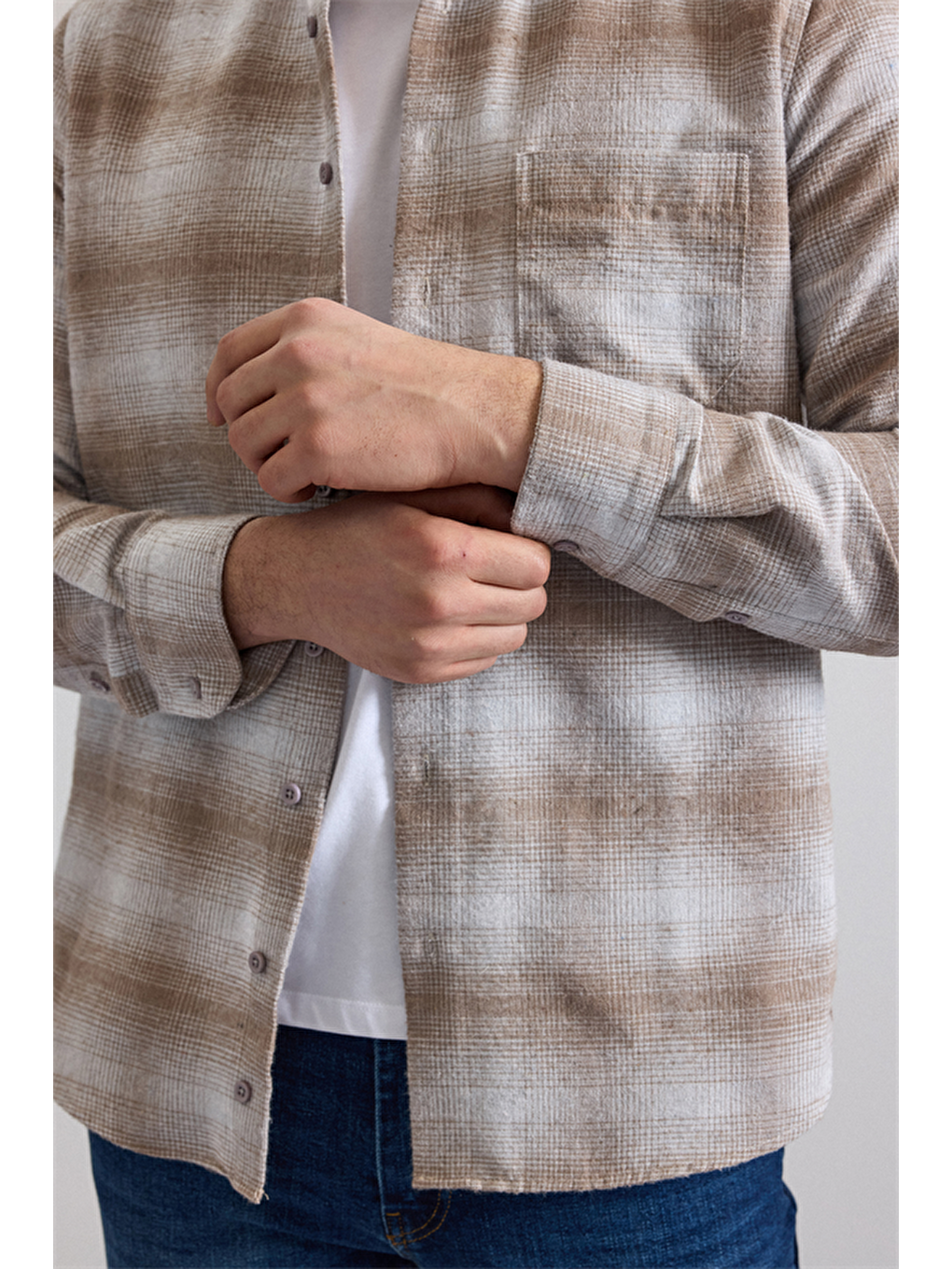 Bej Regular Düğmeli Yaka Kareli Casual Gömlek-1