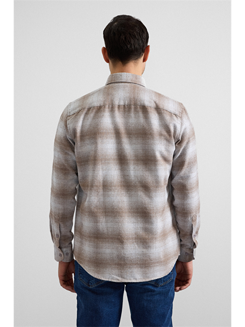Bej Regular Düğmeli Yaka Kareli Casual Gömlek-2