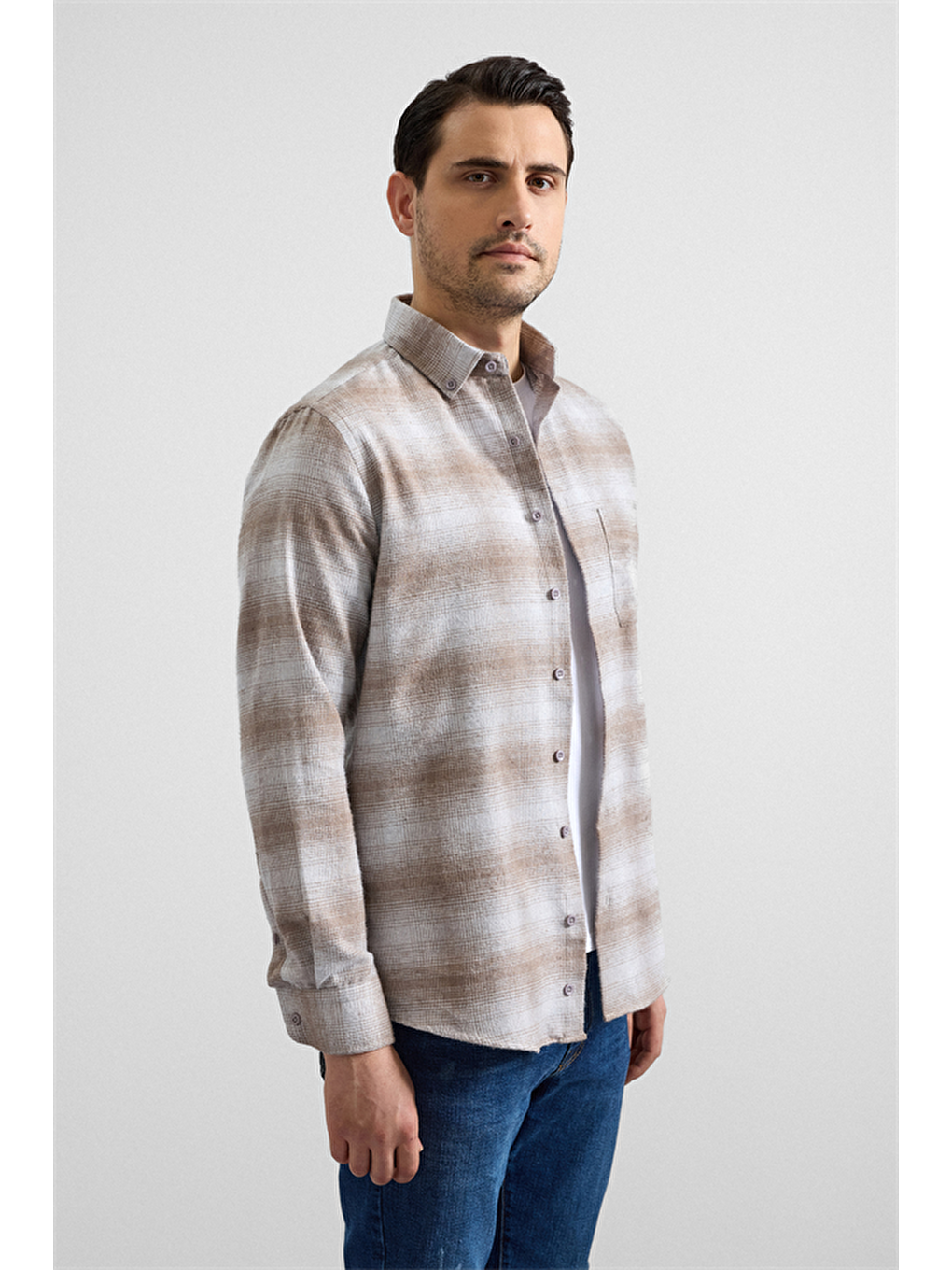 Bej Regular Düğmeli Yaka Kareli Casual Gömlek-3