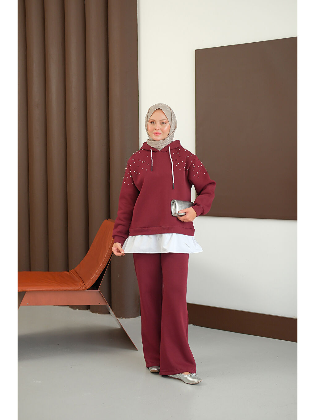 Kadın Omuzları Boncuk Detay İkili Takım Bordo-2