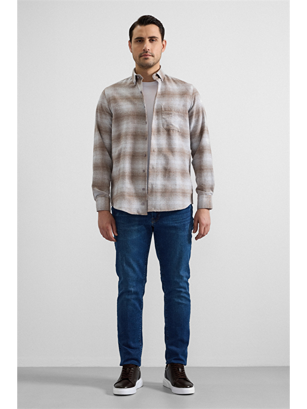 Bej Regular Düğmeli Yaka Kareli Casual Gömlek-4