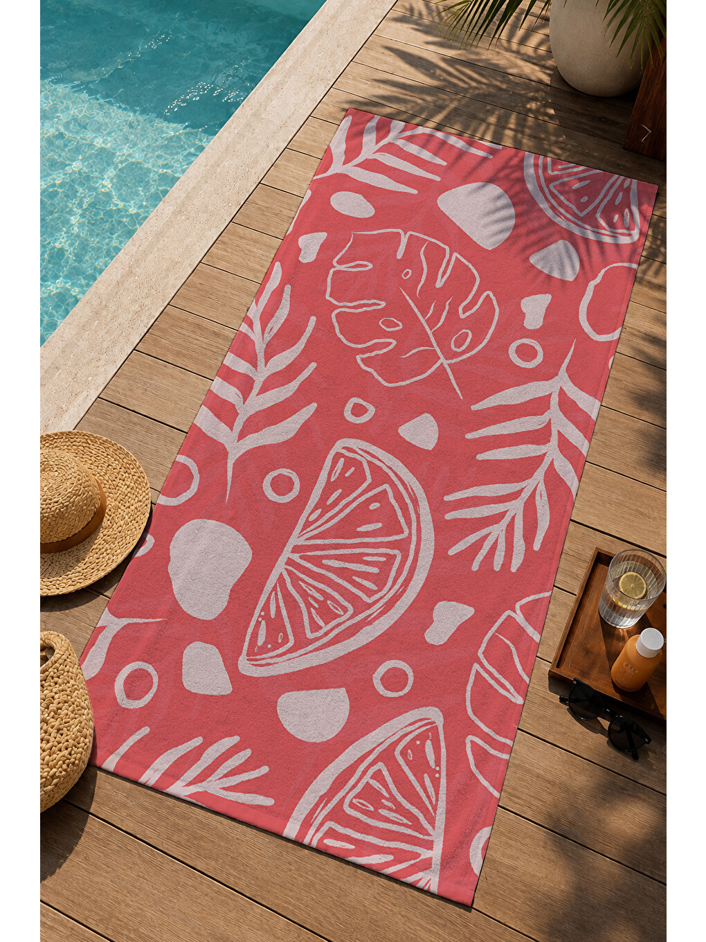 Mercan Kırmızısı Deniz Ürünleri Çizim Desenli 70x150 Cm Dijital Baskılı Plaj Ve Banyo Havlusu-2