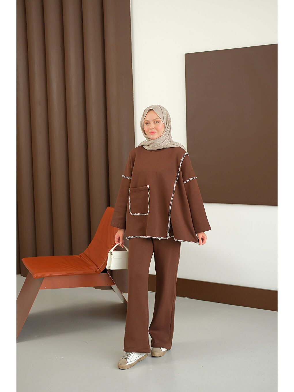 Kadın Dikiş Detay Cepli Takım Kahverengi-4