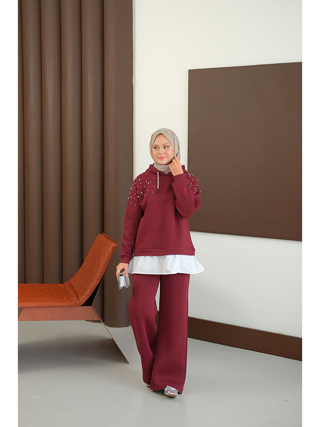 Kadın Omuzları Boncuk Detay İkili Takım Bordo-3