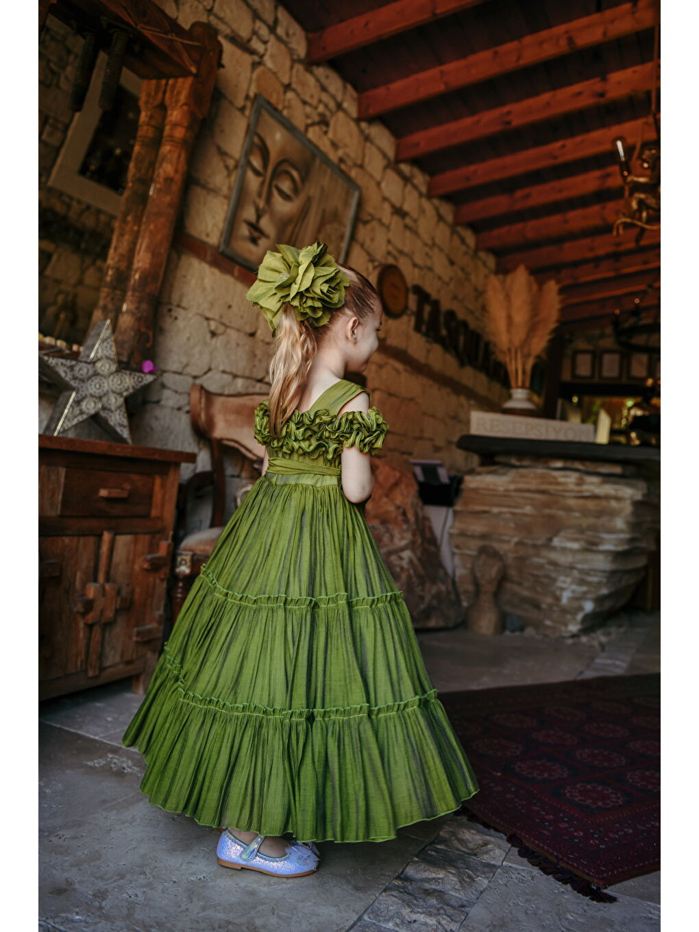 Yeşil Kız Çocuk Özel Abiye Elbise   Fırfırlı  Özel Tasarım   Taç Aksesuarlı Abiye Elbise_2463-5