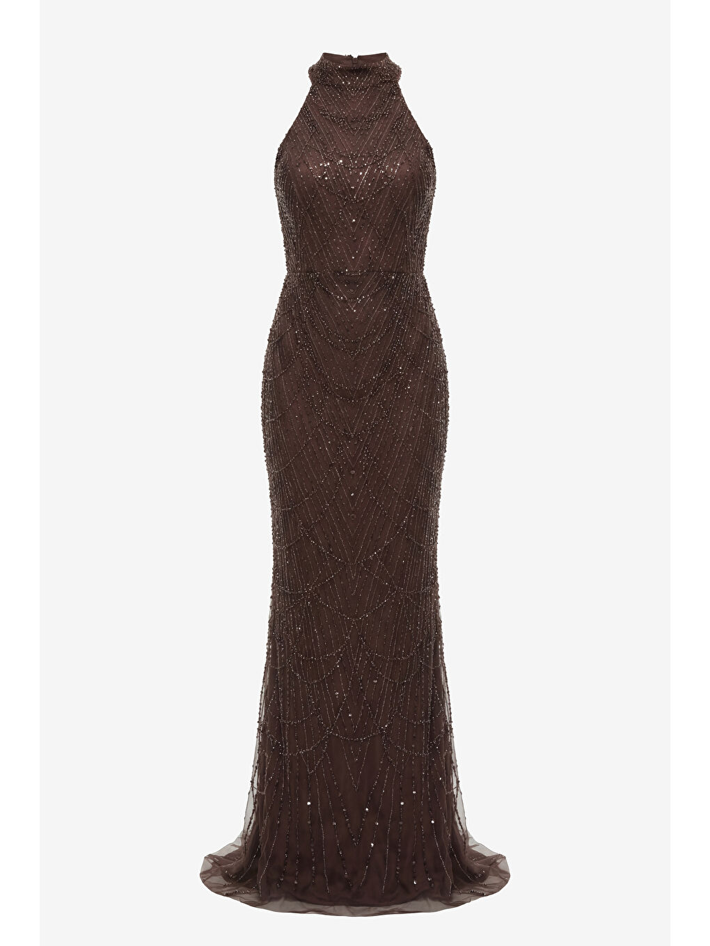 Kadın Kahverengi Dar Kalıp Halter Yaka Taşlı Uzun Balık Abiye Elbise-6