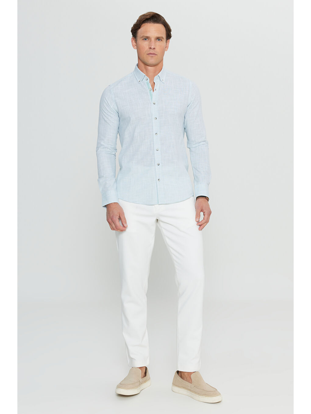 Erkek Haki %100 Pamuk Slim Fit Düğmeli Yaka Armürlü Flamlı Gömlek-1