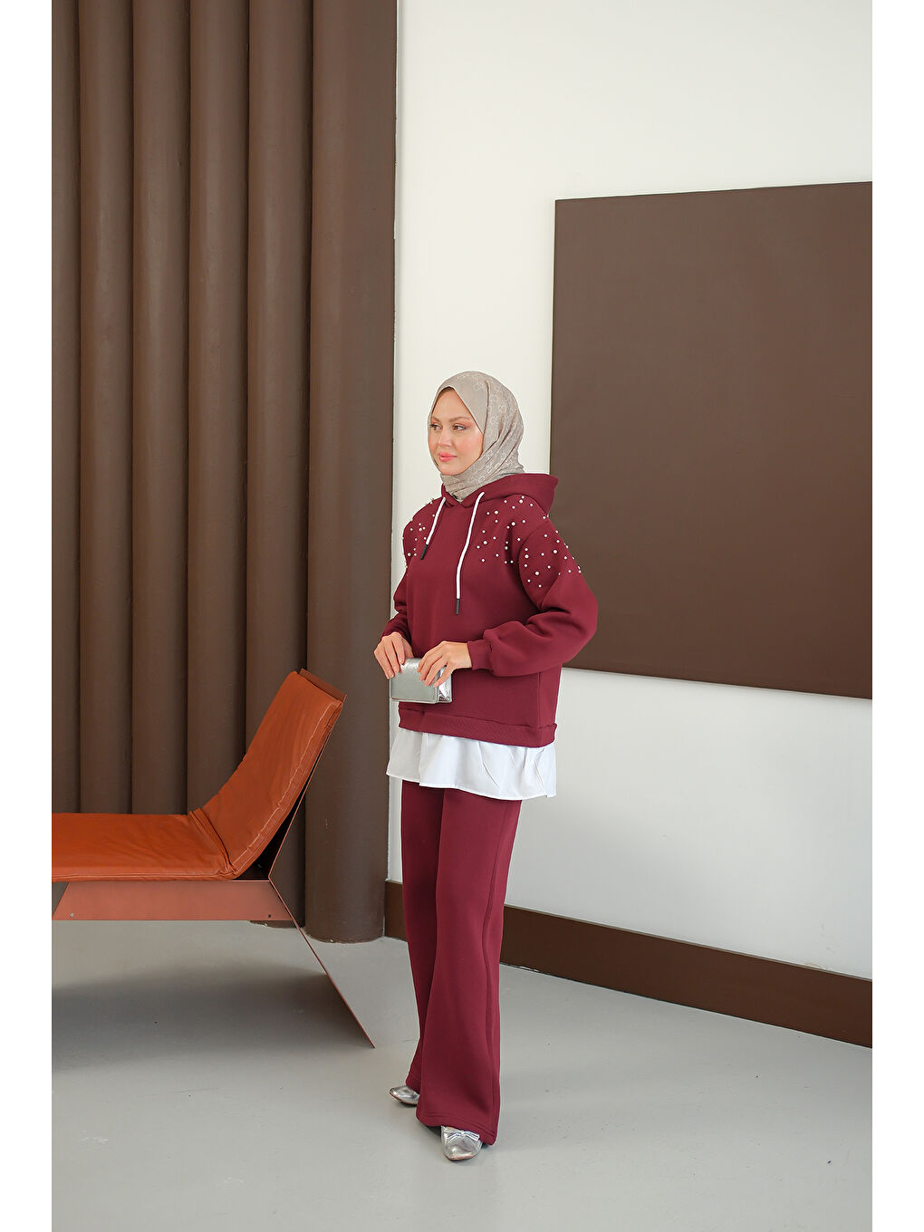 Kadın Omuzları Boncuk Detay İkili Takım Bordo-4