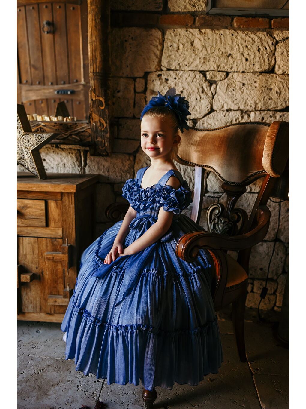 Mavi Kız Çocuk Özel Abiye Elbise   Fırfırlı  Özel Tasarım   Taç Aksesuarlı Abiye Elbise_2463-1