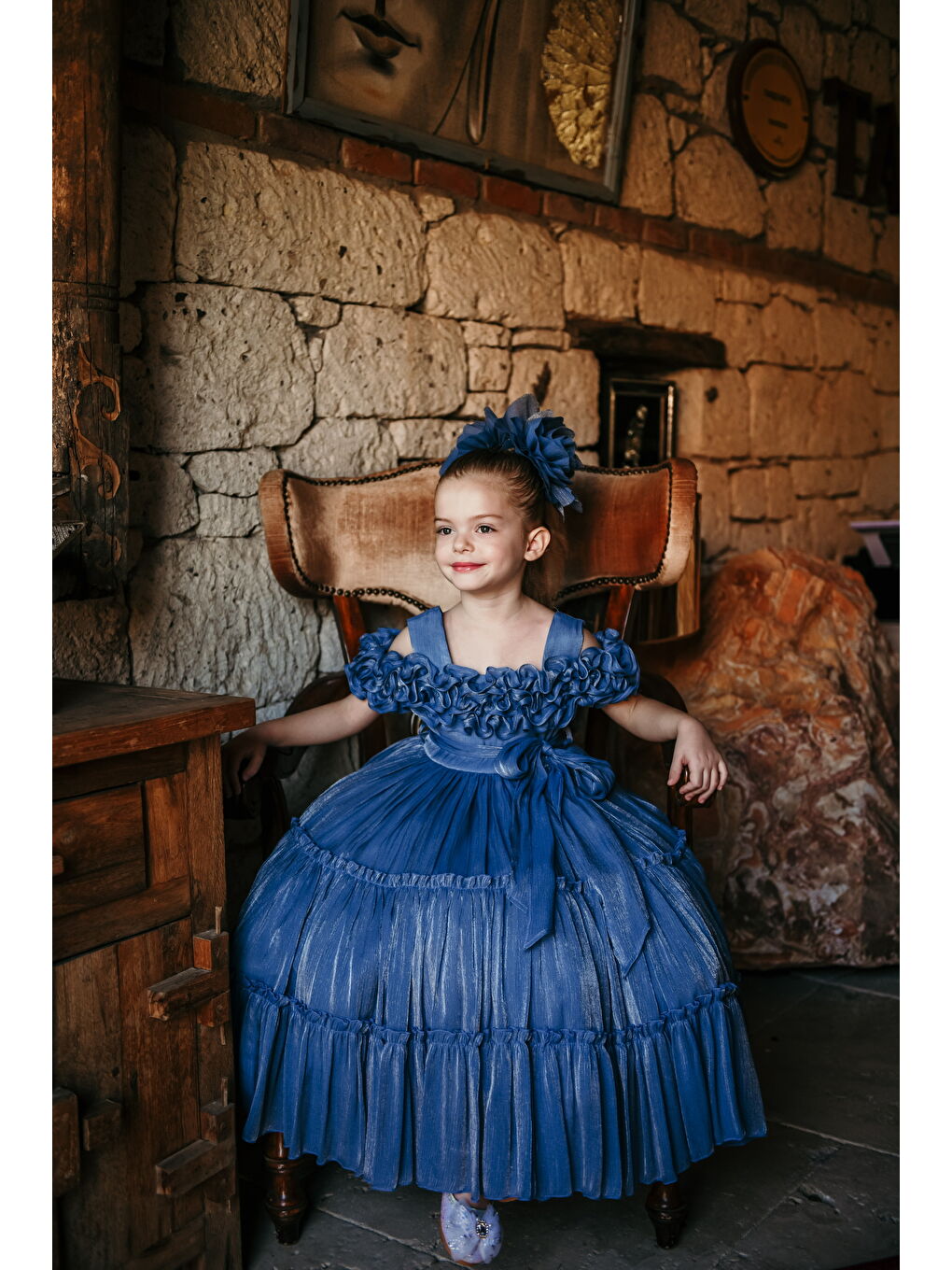 Mavi Kız Çocuk Özel Abiye Elbise   Fırfırlı  Özel Tasarım   Taç Aksesuarlı Abiye Elbise_2463-2