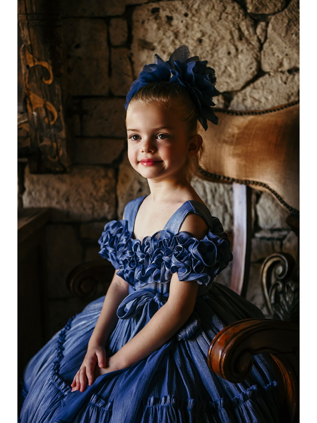 Mavi Kız Çocuk Özel Abiye Elbise   Fırfırlı  Özel Tasarım   Taç Aksesuarlı Abiye Elbise_2463-3