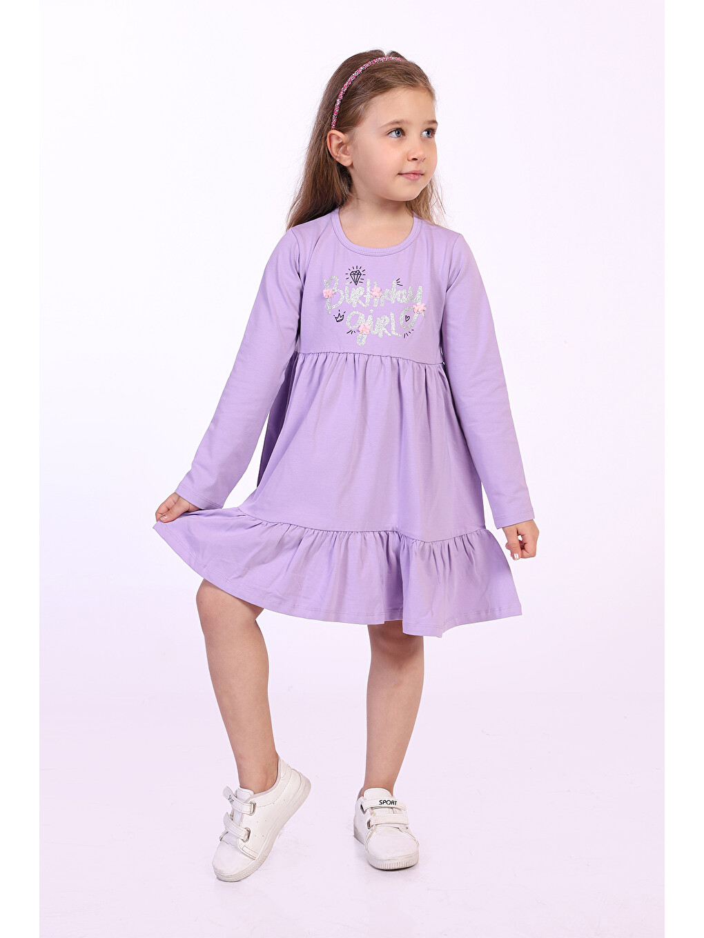 Lila Kız Çocuk Birthday Girl Baskılı Elbise-2