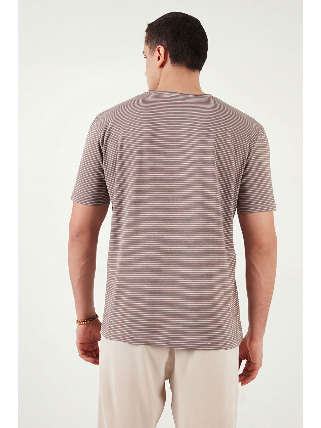 Kahverengi Pamuklu Regular Fit Çizgili Bisiklet Yaka T Shirt 5904030-6