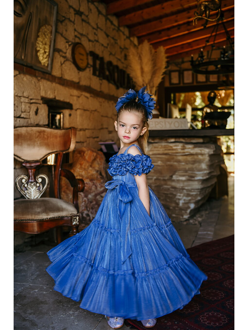Mavi Kız Çocuk Özel Abiye Elbise   Fırfırlı  Özel Tasarım   Taç Aksesuarlı Abiye Elbise_2463-4