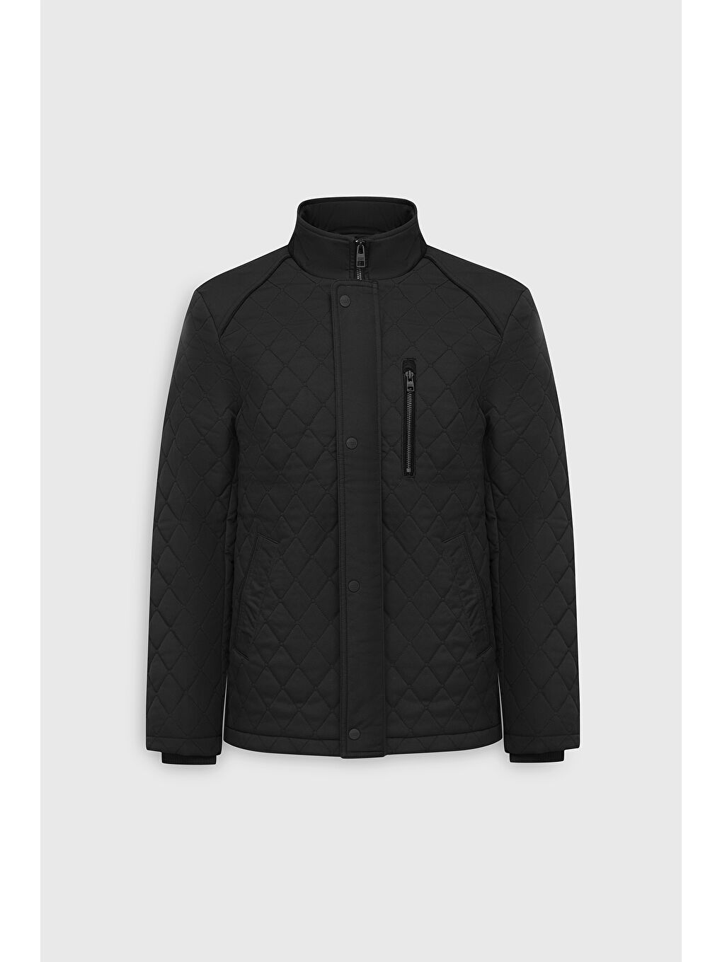 Erkek Siyah Standart Fit Normal Kesim Dik Yaka Kapitone Desenli Çıtçıtlı Yan Cepli Overcoat-8