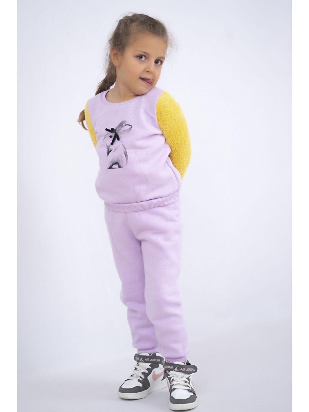 Mor Kız Çocuk Baskılı 3 İplik Şardonlu Kalın Kumaş Basic Eşofman Takımı-1
