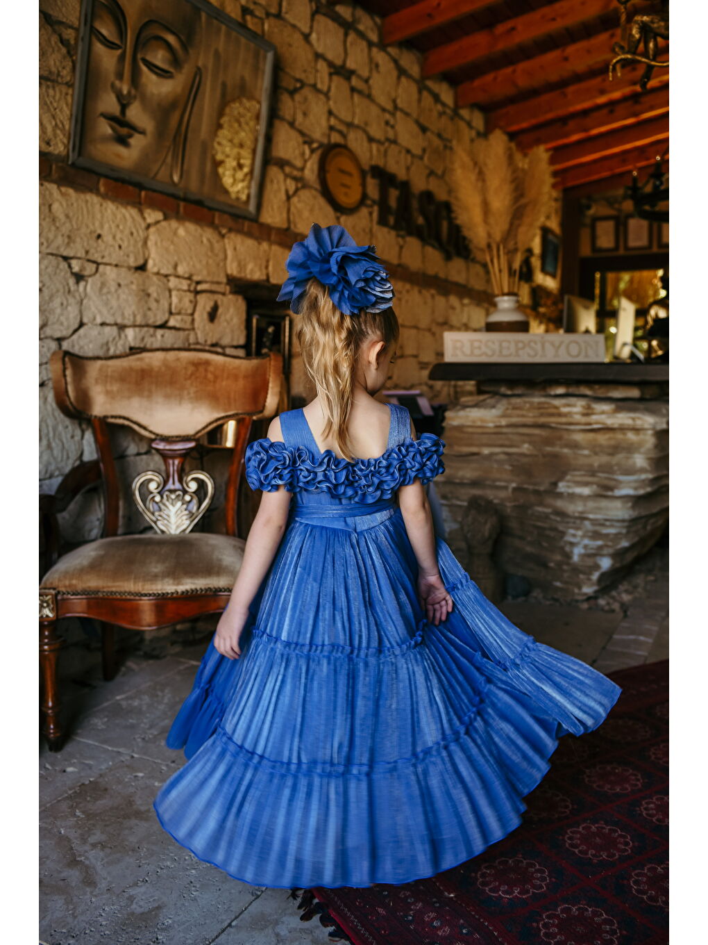 Mavi Kız Çocuk Özel Abiye Elbise   Fırfırlı  Özel Tasarım   Taç Aksesuarlı Abiye Elbise_2463-5