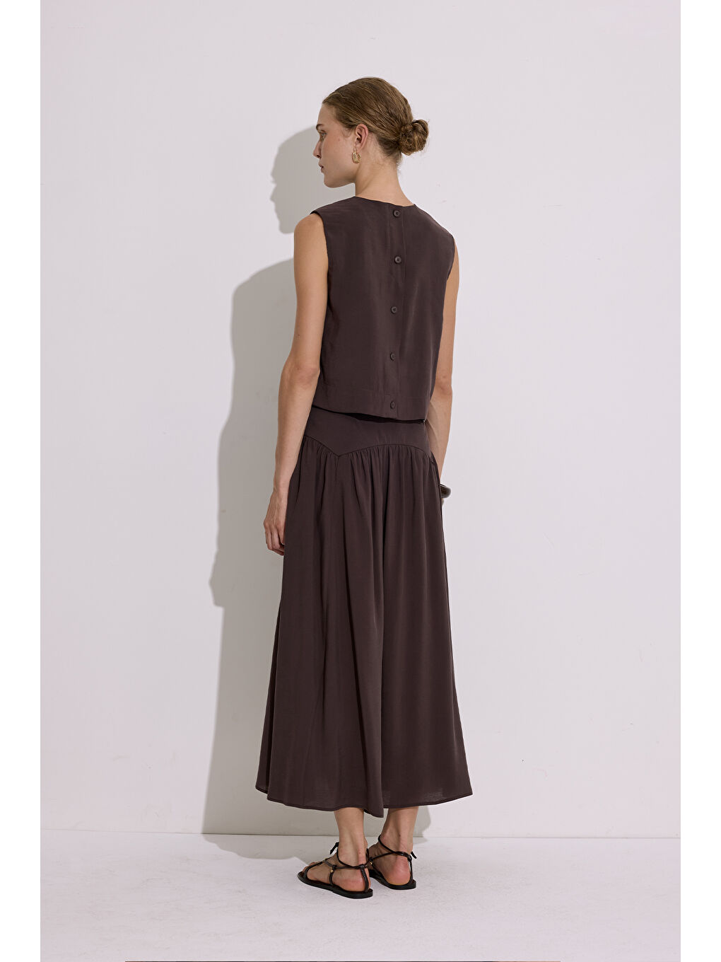 Kahverengi Modal Büzgülü Uzun Etek Acı Kahve-3