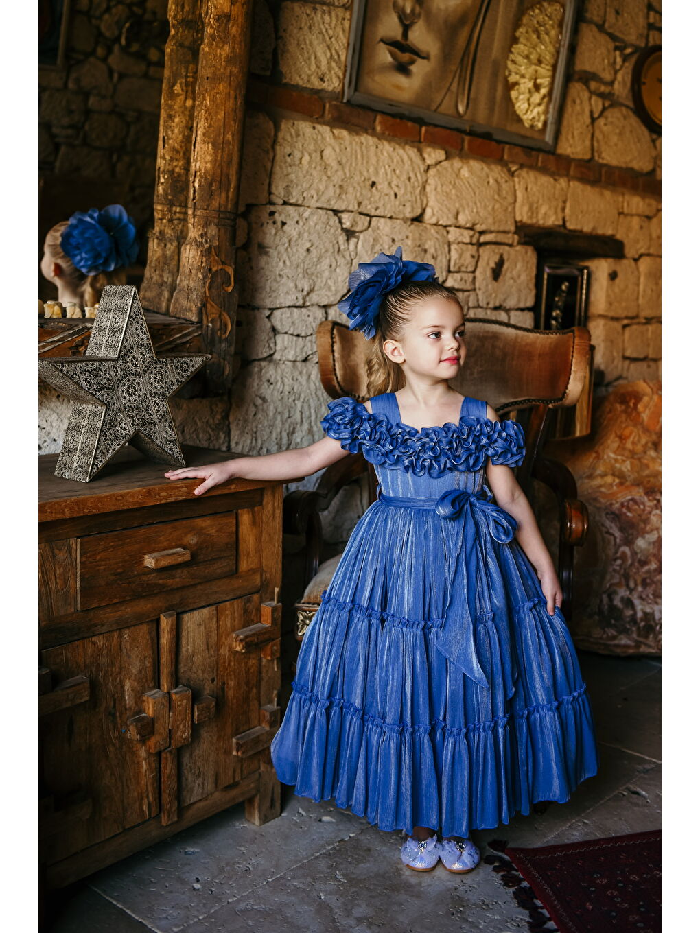 Mavi Kız Çocuk Özel Abiye Elbise   Fırfırlı  Özel Tasarım   Taç Aksesuarlı Abiye Elbise_2463-6