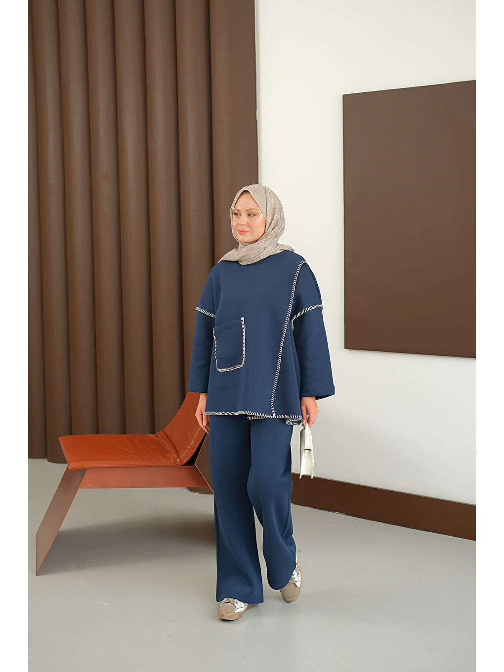 Kadın Dikiş Detay Cepli Takım Lacivert-1