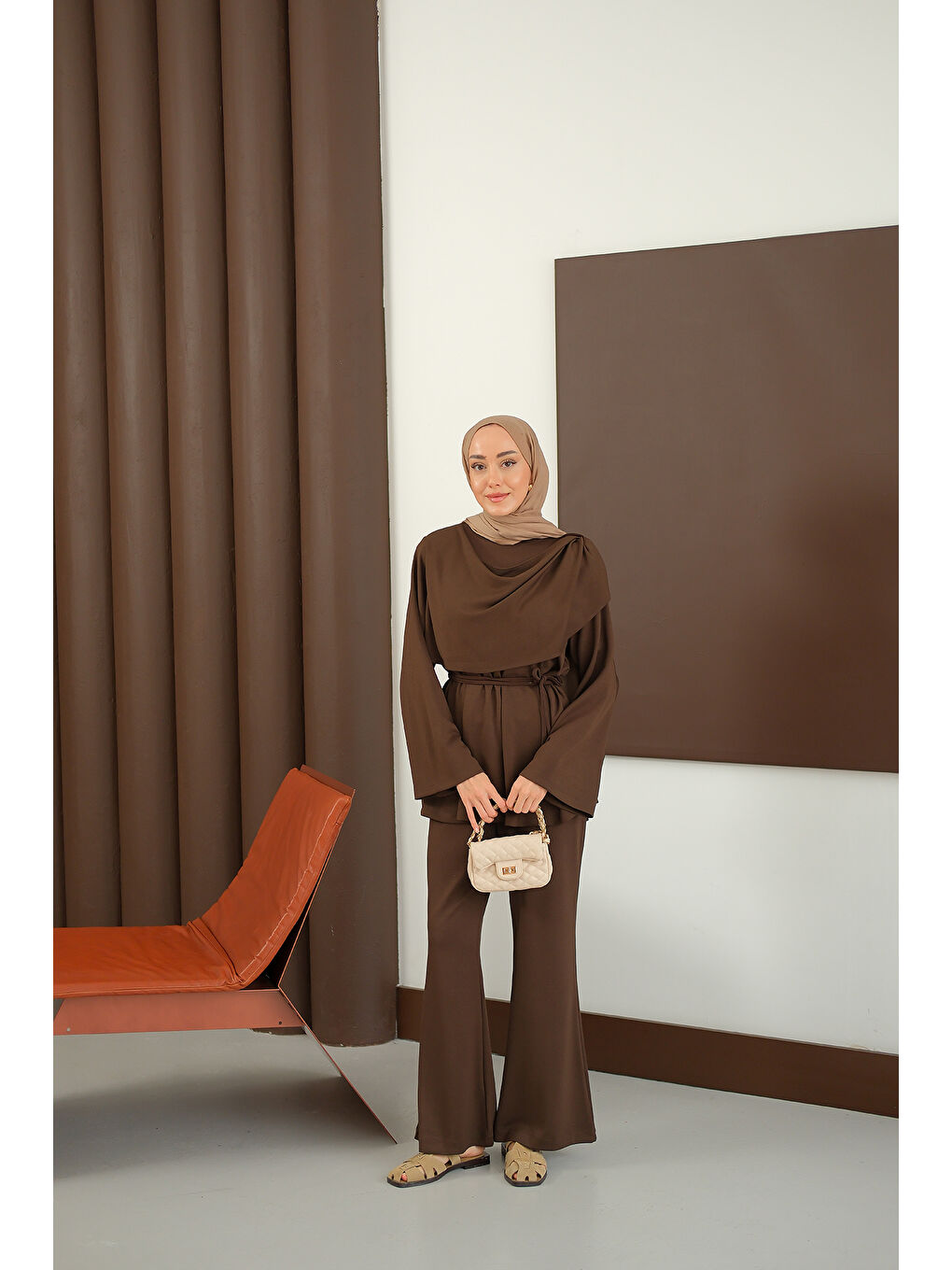 Kadın Şal Detay Takım Kahverengi-1