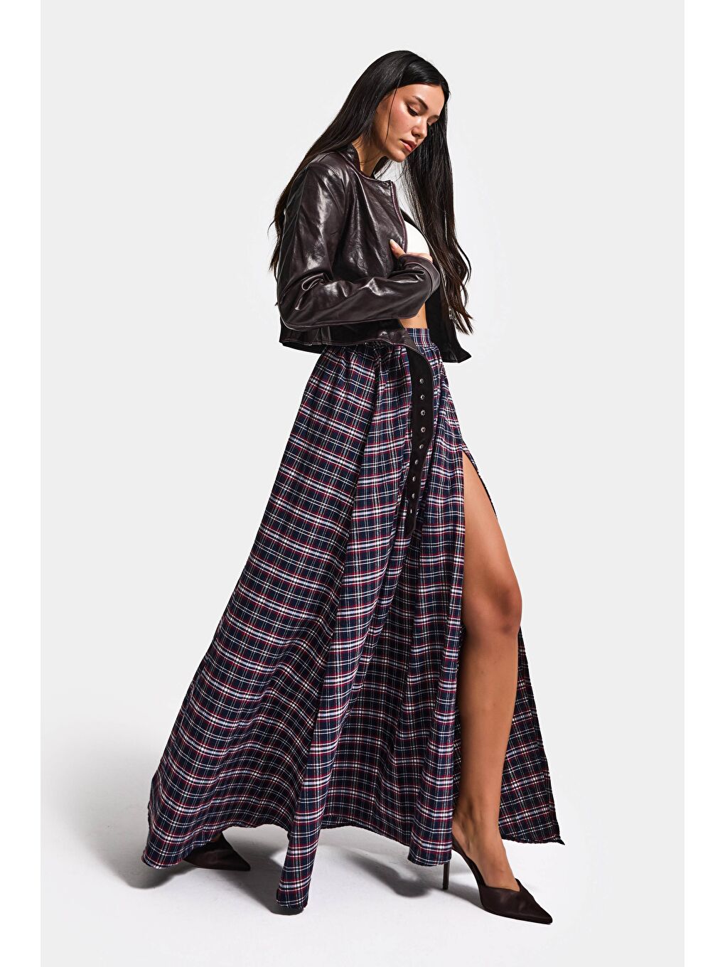 Kadın Lacivert Ekose s6-17 Maxi Boy Yırtmaç Detaylı Pamuk Pamuk Etek