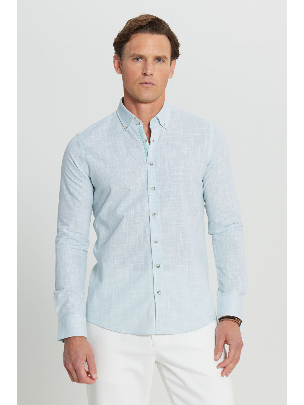 Erkek Haki %100 Pamuk Slim Fit Düğmeli Yaka Armürlü Flamlı Gömlek-2