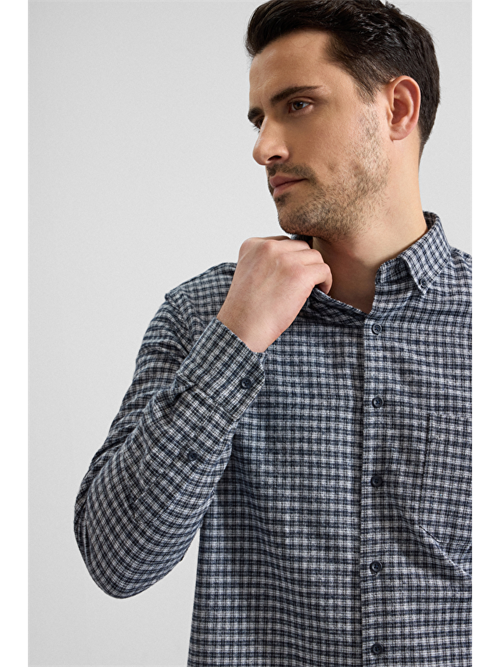 Lacivert Regular Düğmeli Yaka Kareli Casual Gömlek-1
