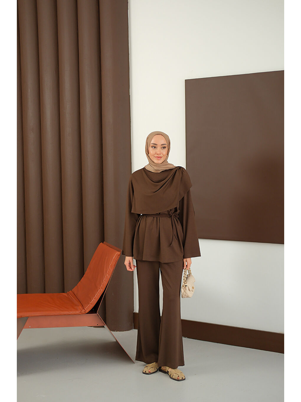 Kadın Şal Detay Takım Kahverengi-2
