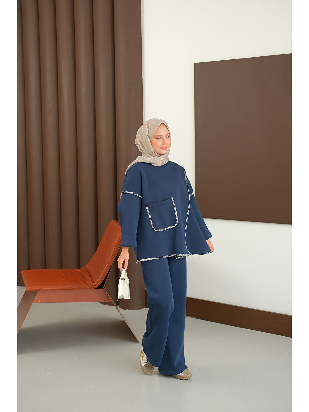 Kadın Dikiş Detay Cepli Takım Lacivert-2