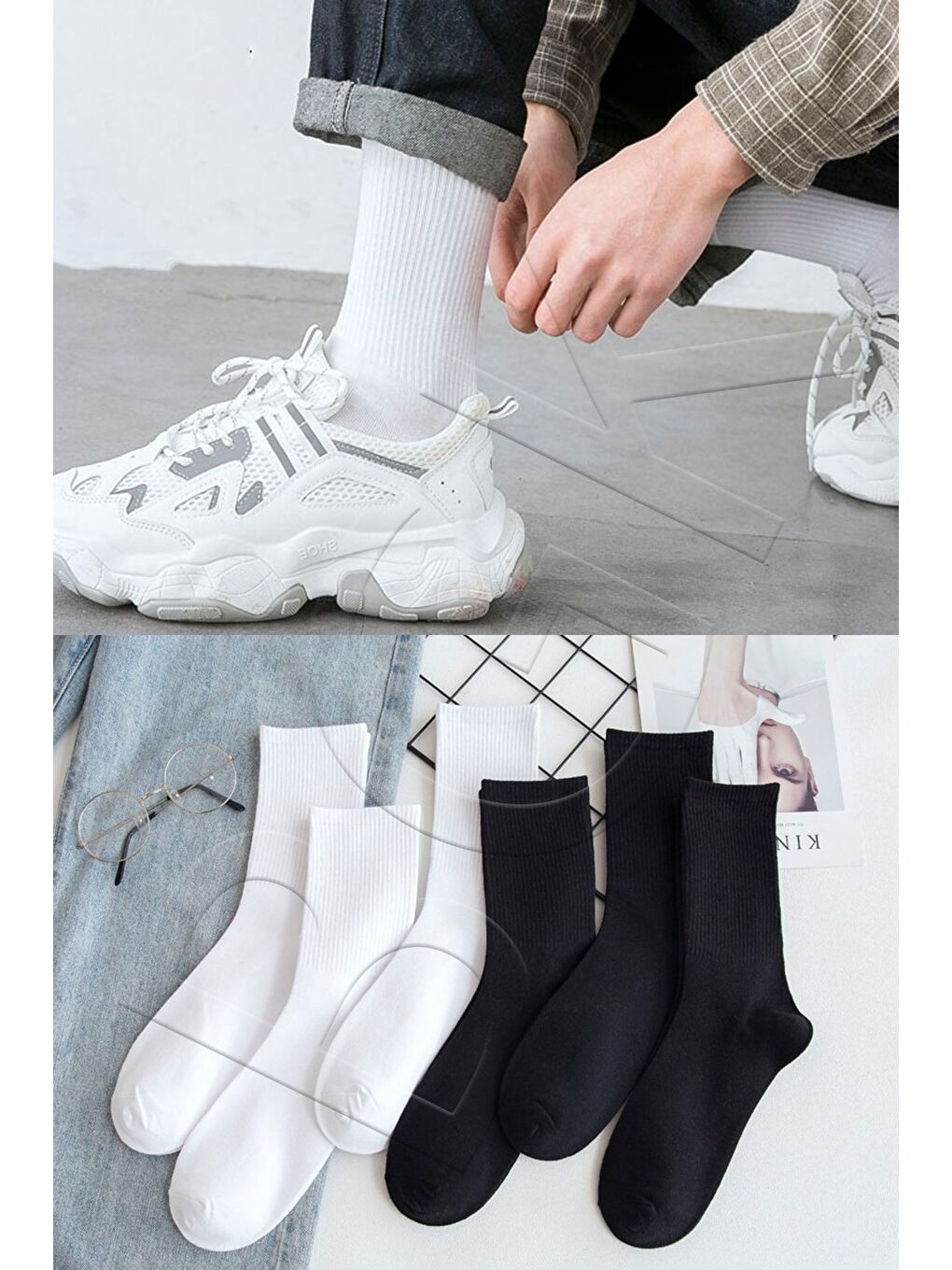 Unisex 6 Çift Düz Siyah-beyaz Tenis Çorap