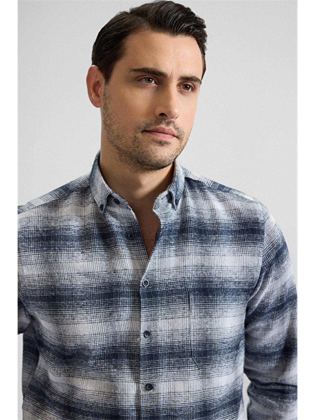 Siyah Regular Düğmeli Yaka Kareli Casual Gömlek-1