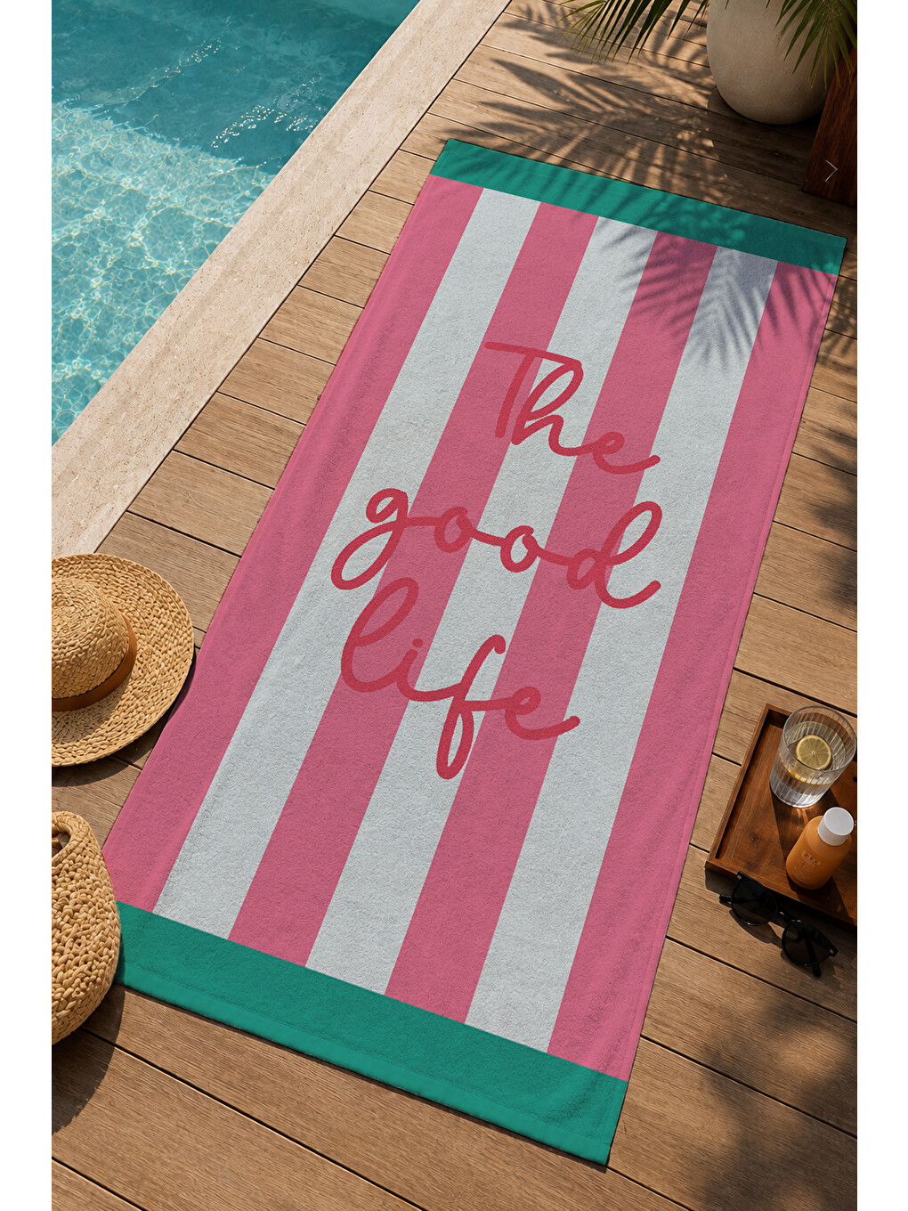Milbay Grup Pembe Yeşil Dikey Çizgili Be Cool Yazılı 70x150 Cm Dijital Plaj Ve Banyo Havlusu-2422-2