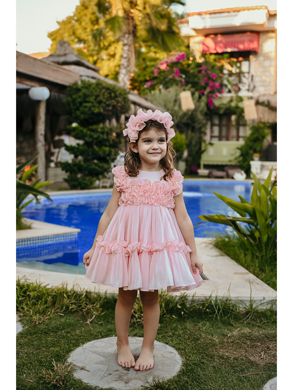 Pembe Kız Çocuk Özel Abiye Elbise   Fırfırlı  Özel Tasarım   Taç Aksesuarlı Abiye Elbise_2461
