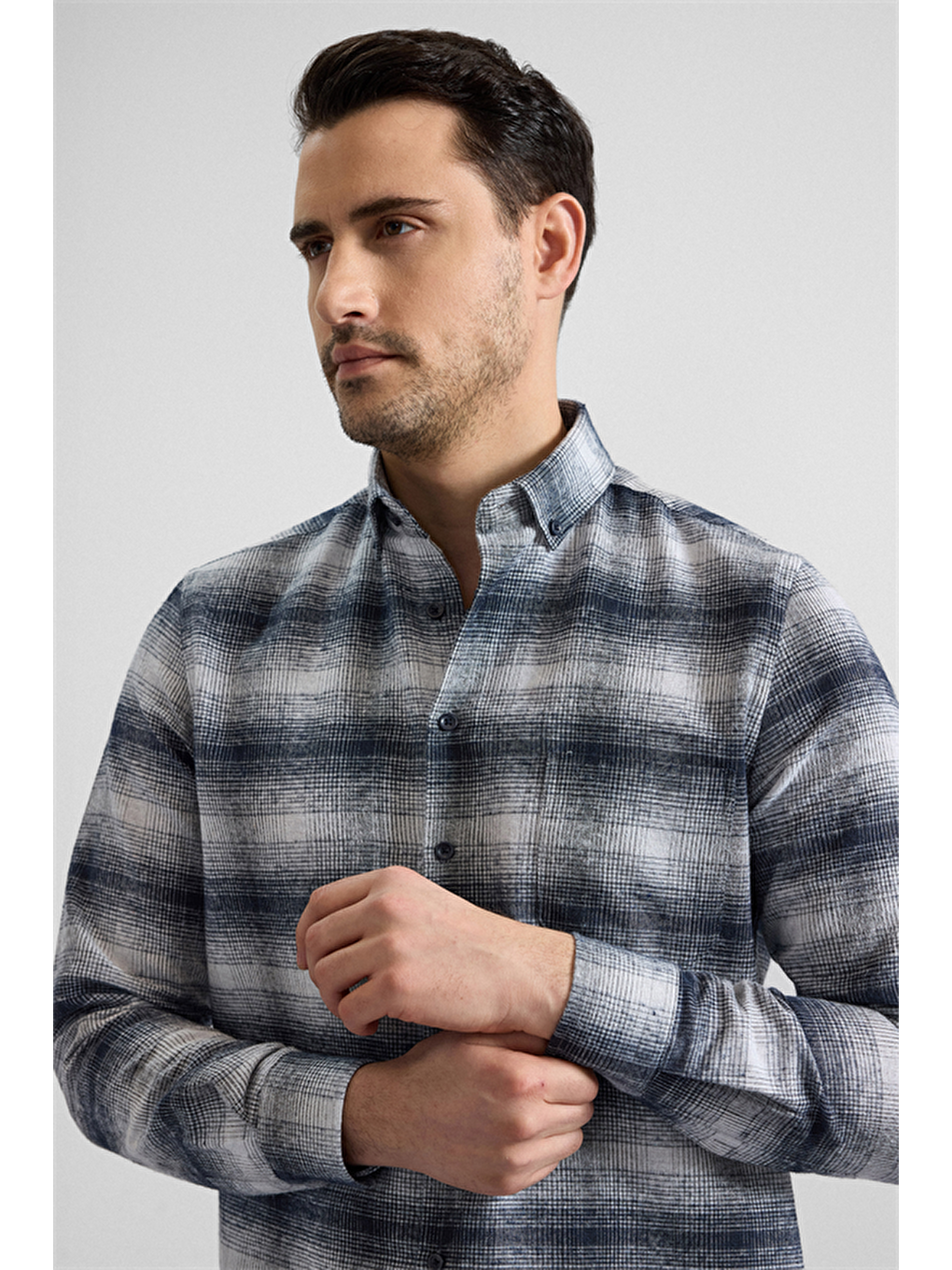 Siyah Regular Düğmeli Yaka Kareli Casual Gömlek-2