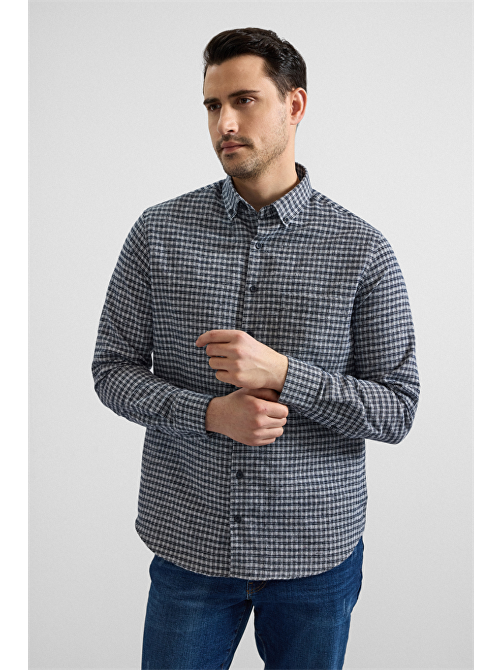 Lacivert Regular Düğmeli Yaka Kareli Casual Gömlek-2