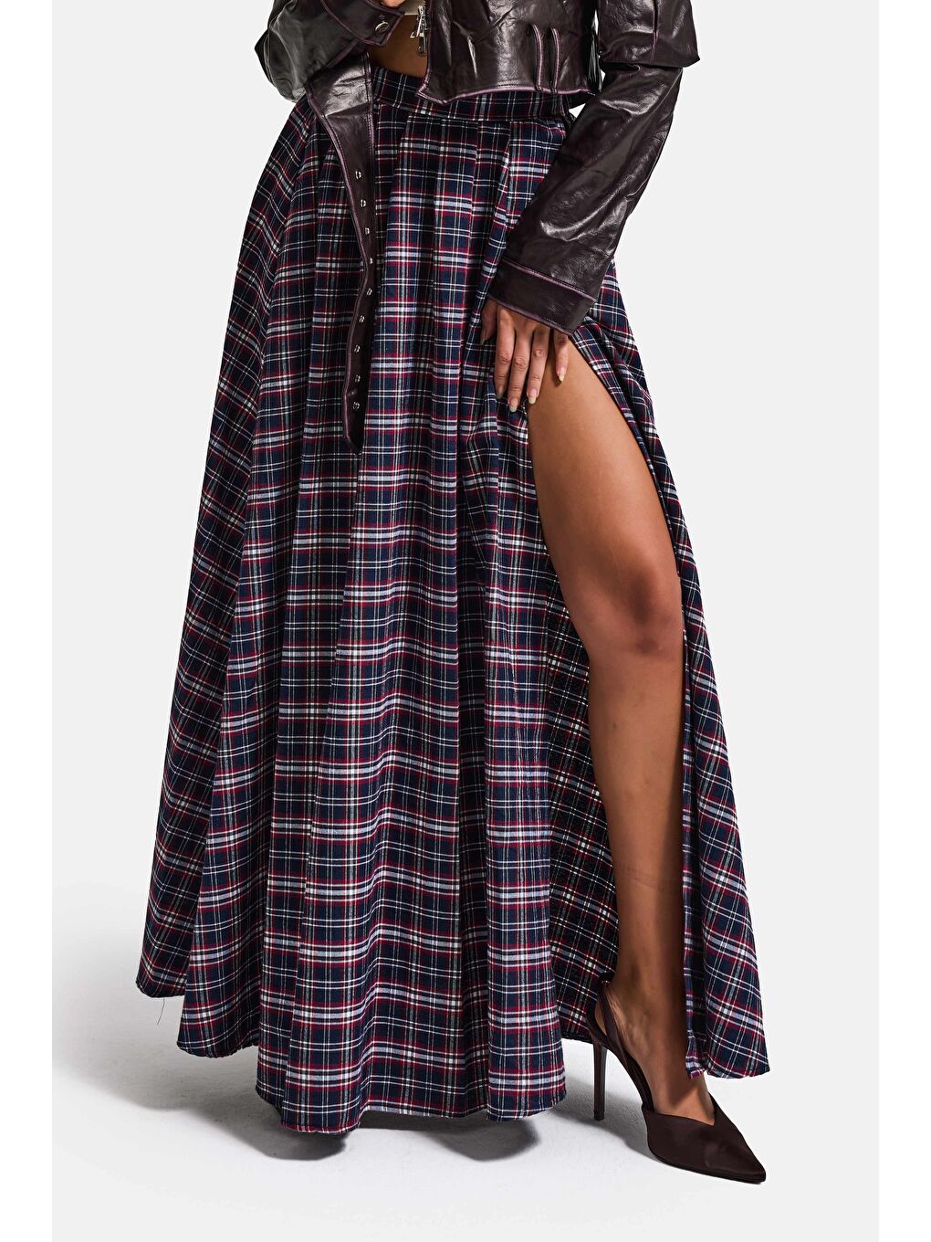 Kadın Lacivert Ekose s6-17 Maxi Boy Yırtmaç Detaylı Pamuk Pamuk Etek-1