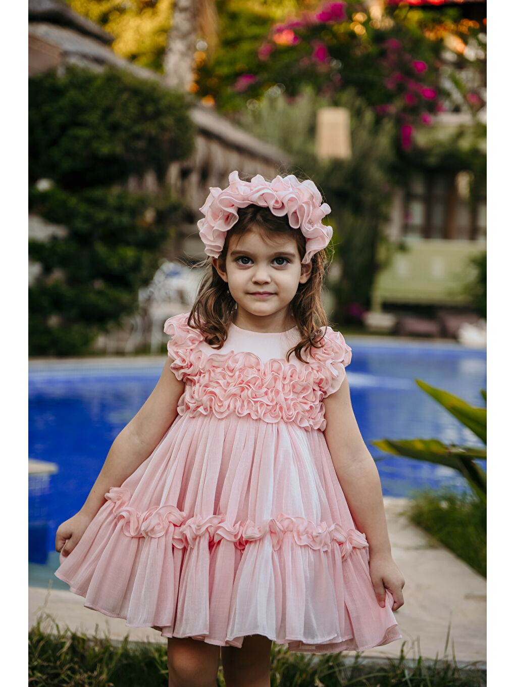 Pembe Kız Çocuk Özel Abiye Elbise   Fırfırlı  Özel Tasarım   Taç Aksesuarlı Abiye Elbise_2461-1