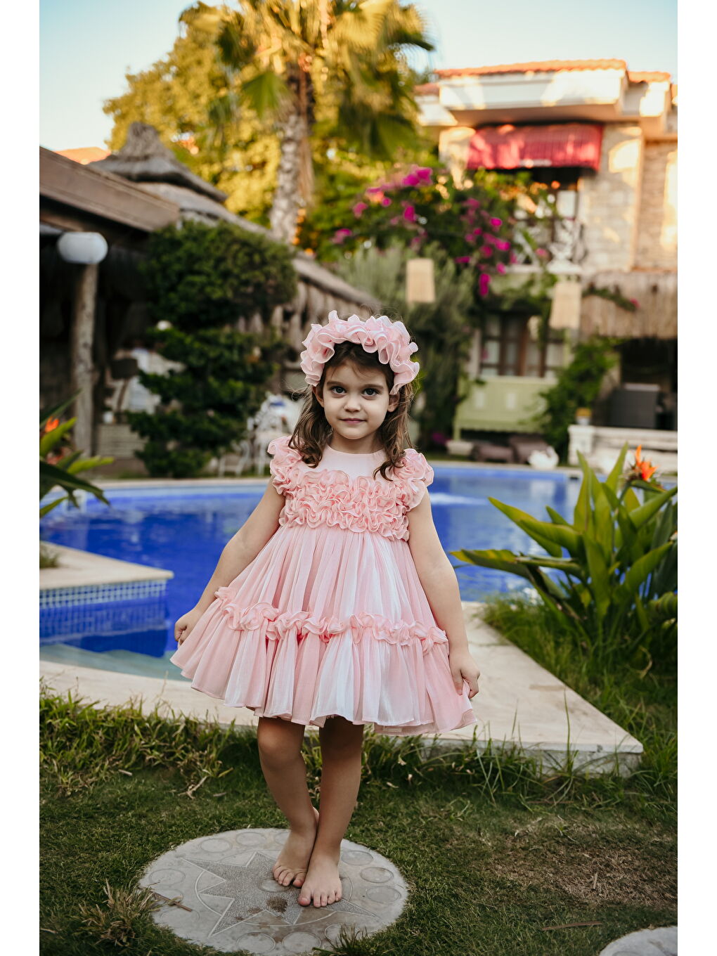 Pembe Kız Çocuk Özel Abiye Elbise   Fırfırlı  Özel Tasarım   Taç Aksesuarlı Abiye Elbise_2461-2