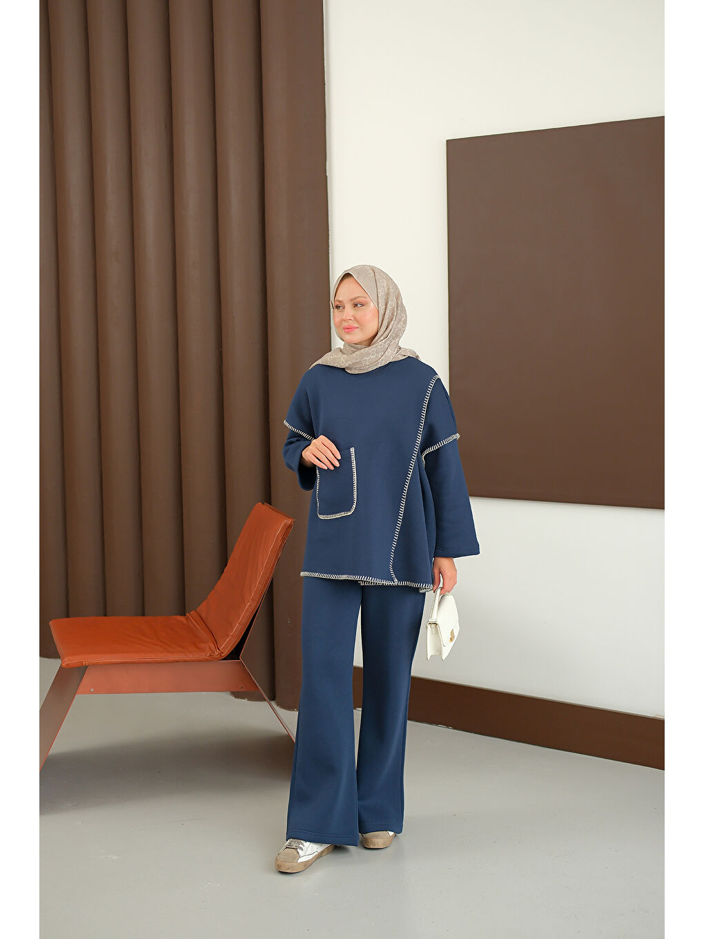 Kadın Dikiş Detay Cepli Takım Lacivert-3