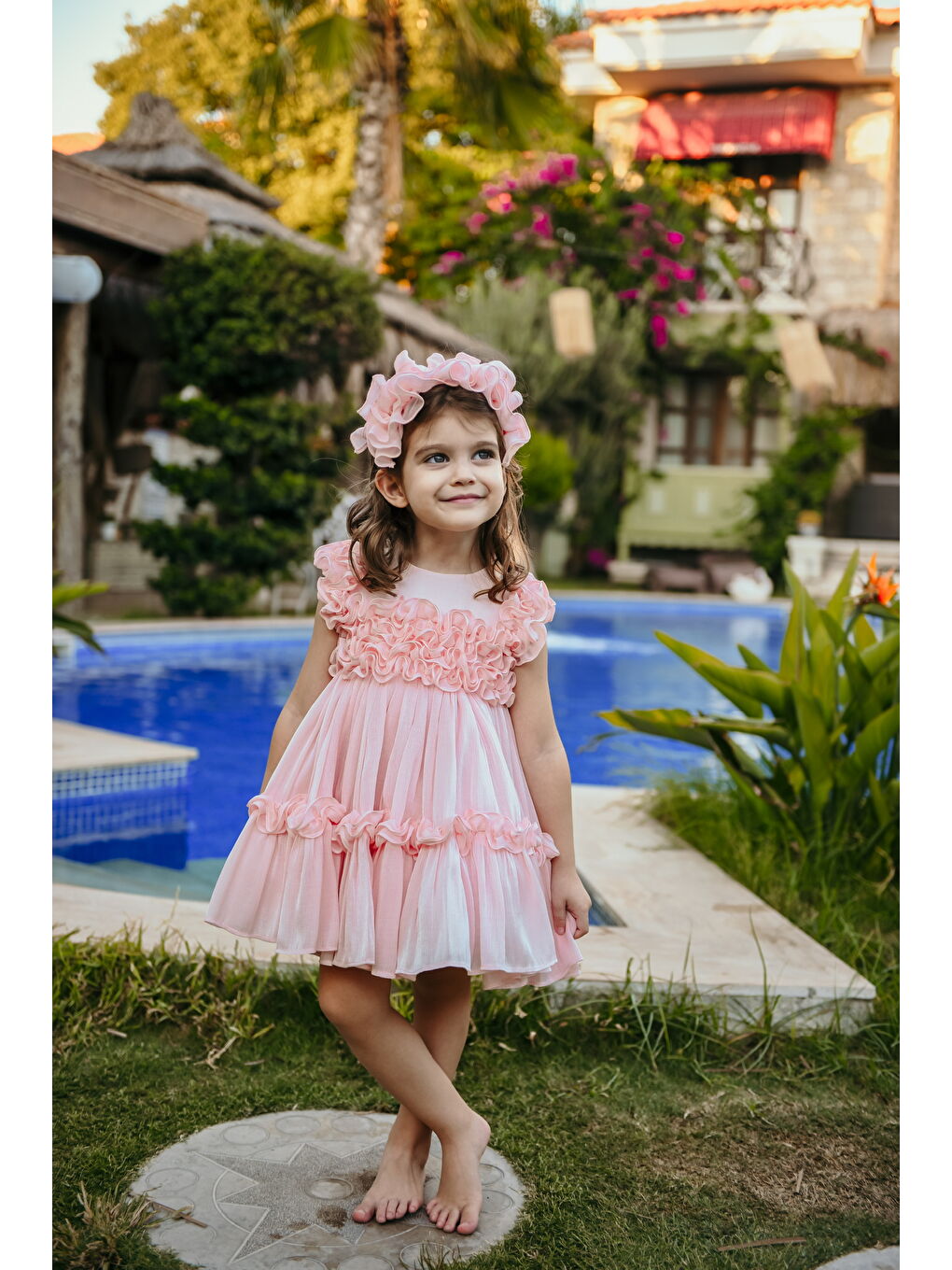 Pembe Kız Çocuk Özel Abiye Elbise   Fırfırlı  Özel Tasarım   Taç Aksesuarlı Abiye Elbise_2461-3