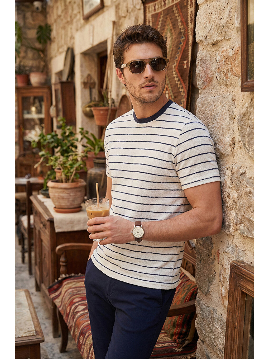 İndigo Pamuklu Regular Fit Çizgili Bisiklet Yaka T Shirt 5904039