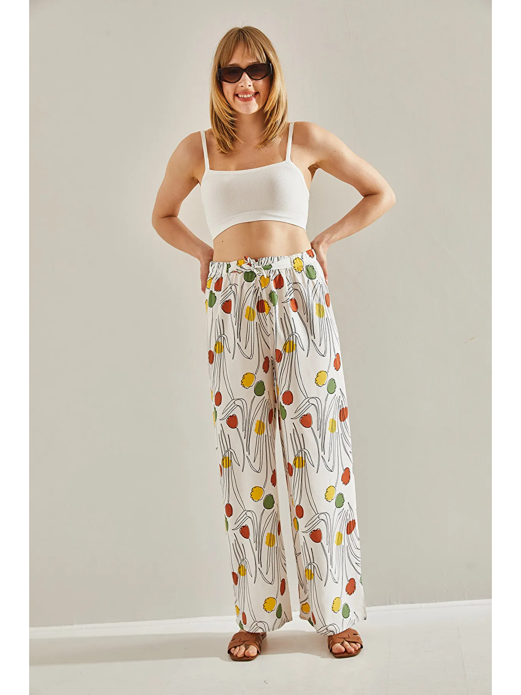 Lila Kadın Desenli Beli Lastikli Bağlamalı Dökümlü Keten Palazzo Pantolon-1