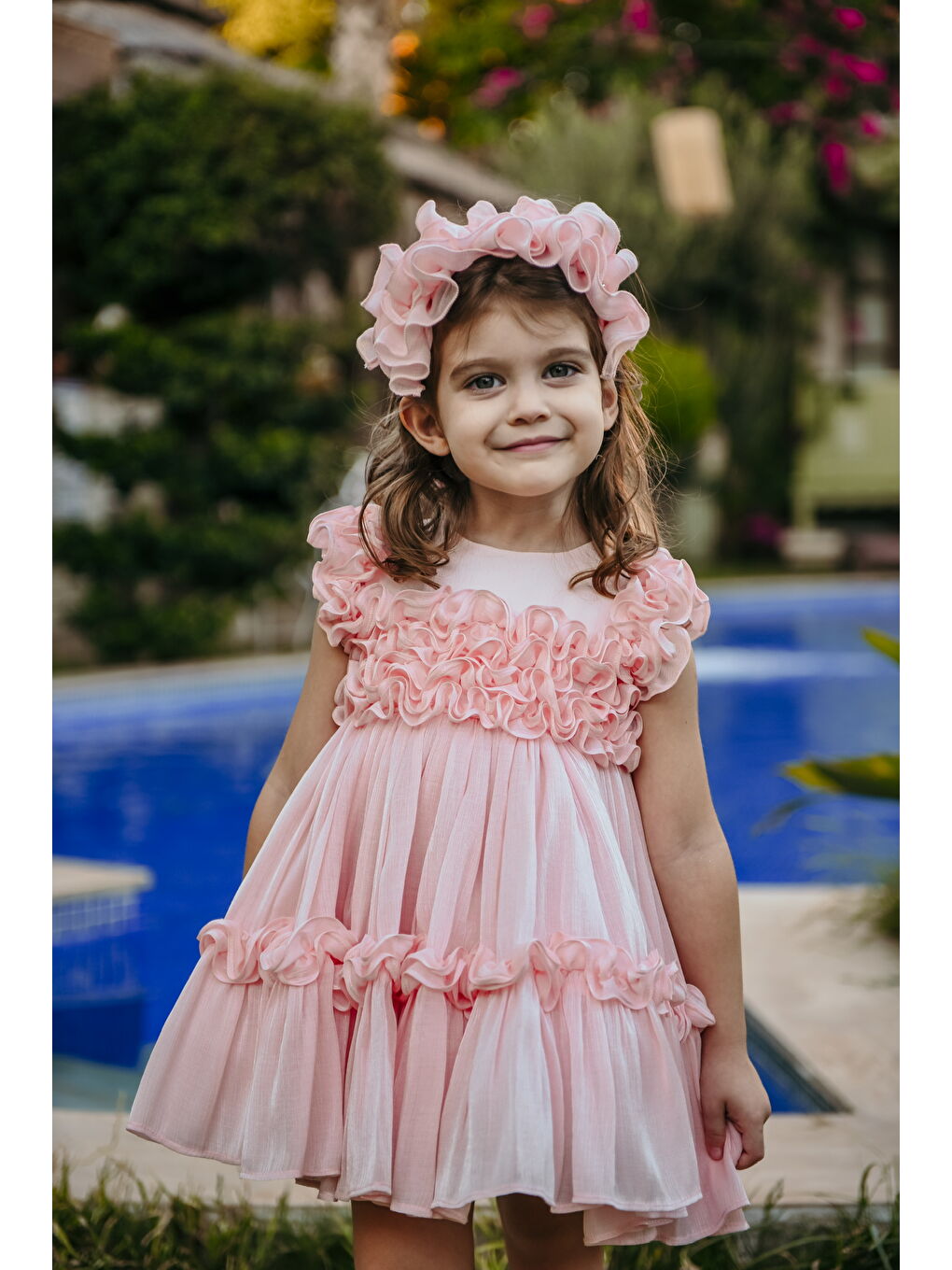 Pembe Kız Çocuk Özel Abiye Elbise   Fırfırlı  Özel Tasarım   Taç Aksesuarlı Abiye Elbise_2461-4